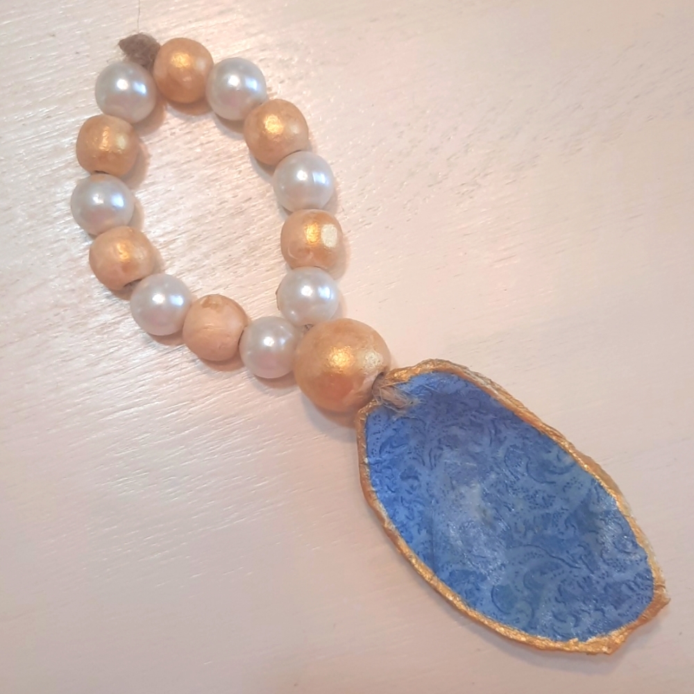 Floral Blue &  Gold Decoupage Oyster Shell Beaded Accents #957
